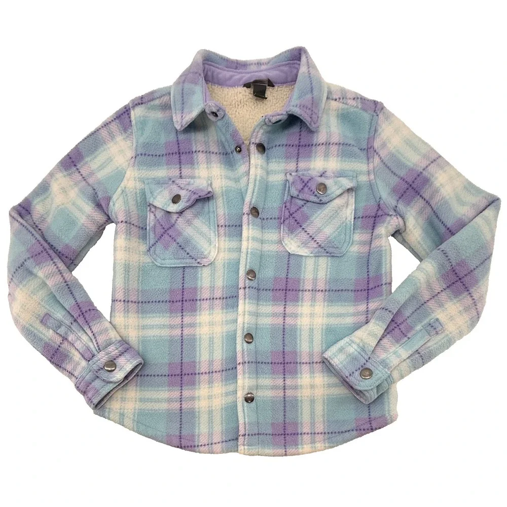 Eddie Bauer Girls 10 12 Sherpa Lined Flannel Jacket Plaid‎ Snap Cozy Warm